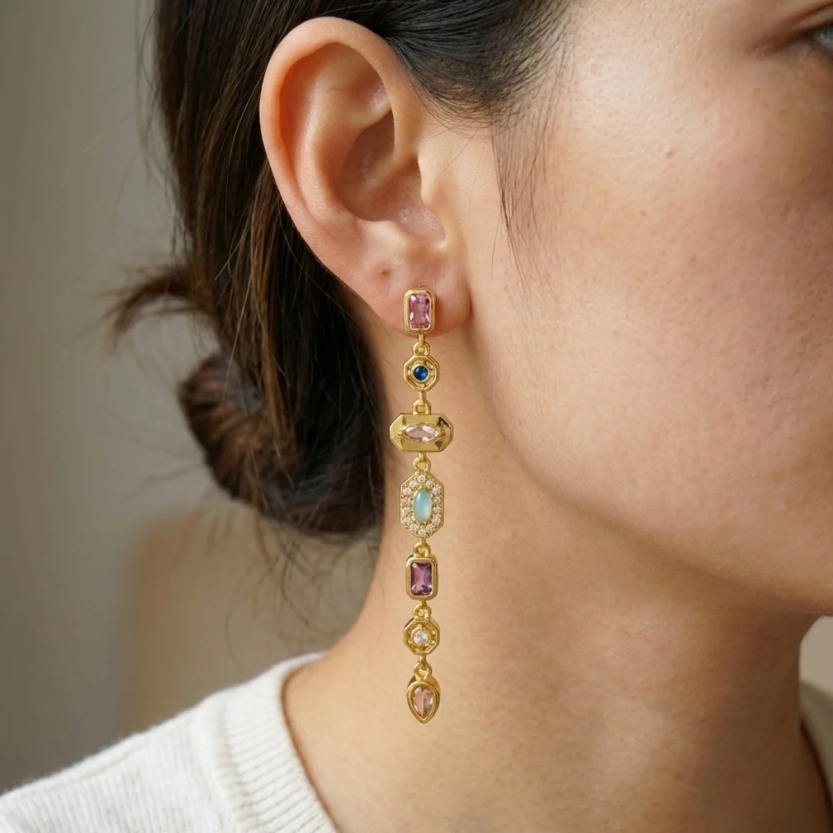 Bunte geometrische lange Quasten-Ohrringe mit Zirkonia für Damen und Herren, glänzende, elegante geometrische Ohrringe, Hochzeitsschmuck – Detail 4