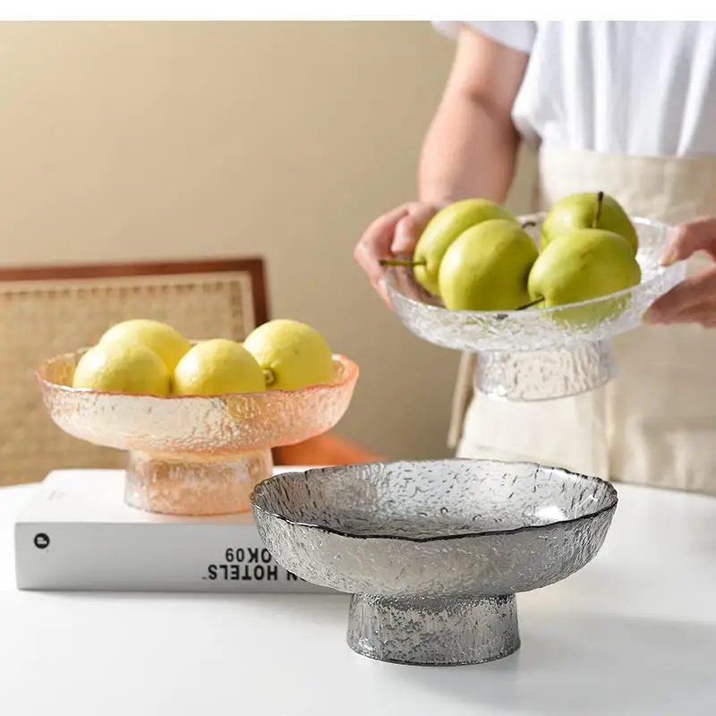 

Hammer Texture Transparent Glass Fruit Tray House Party Snack Storage Bowl Japanese-style High-footed Gold Dish
