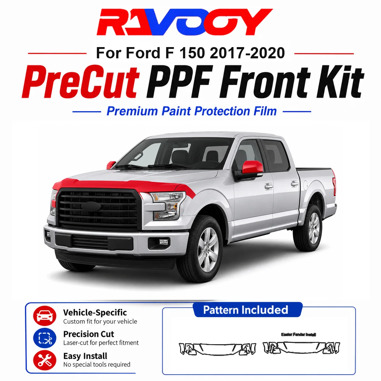 

8.5mil TPU Precut PPF Kit For Ford F 150 2017-2020 - Hood, Partial Fenders & Full Mirror Set - Self-Healing Gloss Clear Bra Film