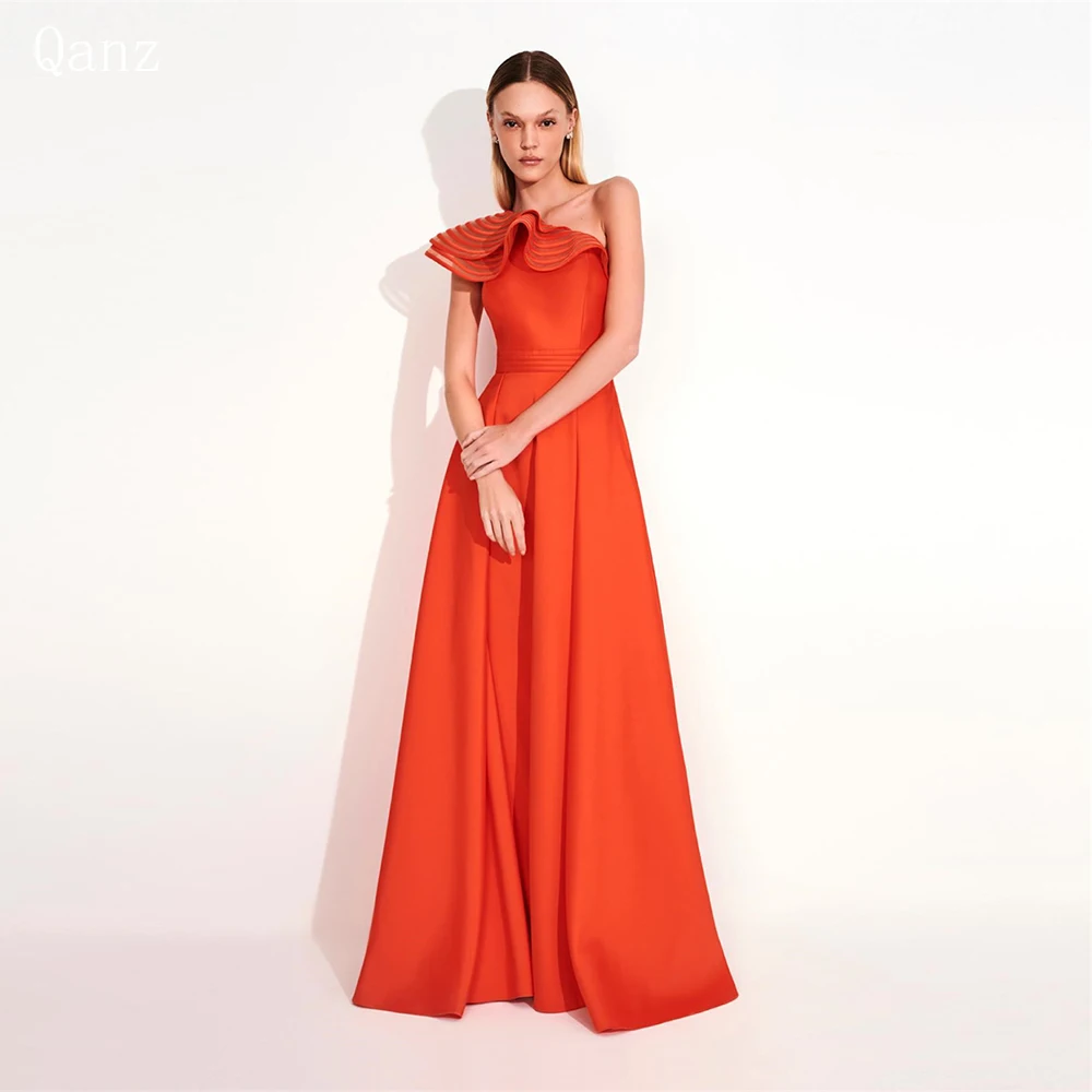 

Qanz A-line Satin Prom Dresses One Shoulder Tiered Ruched Saudi Arabic Evening Gowns Vestidos De Gala Mujer Formal Party Dresses