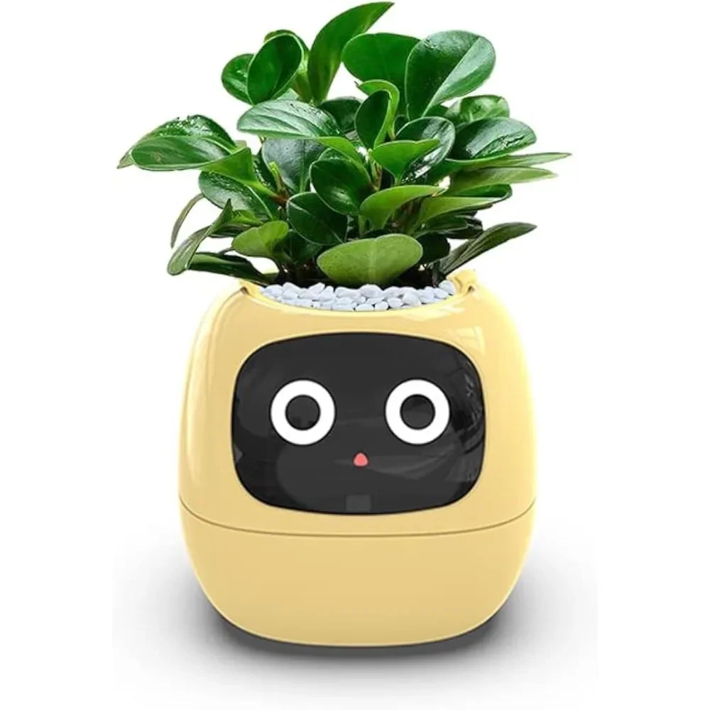 Smart Flowerpots with AI Technology 7 Sensors Auto Caring Multiple Expressions for Indoor Desk Plant Decor Yellow