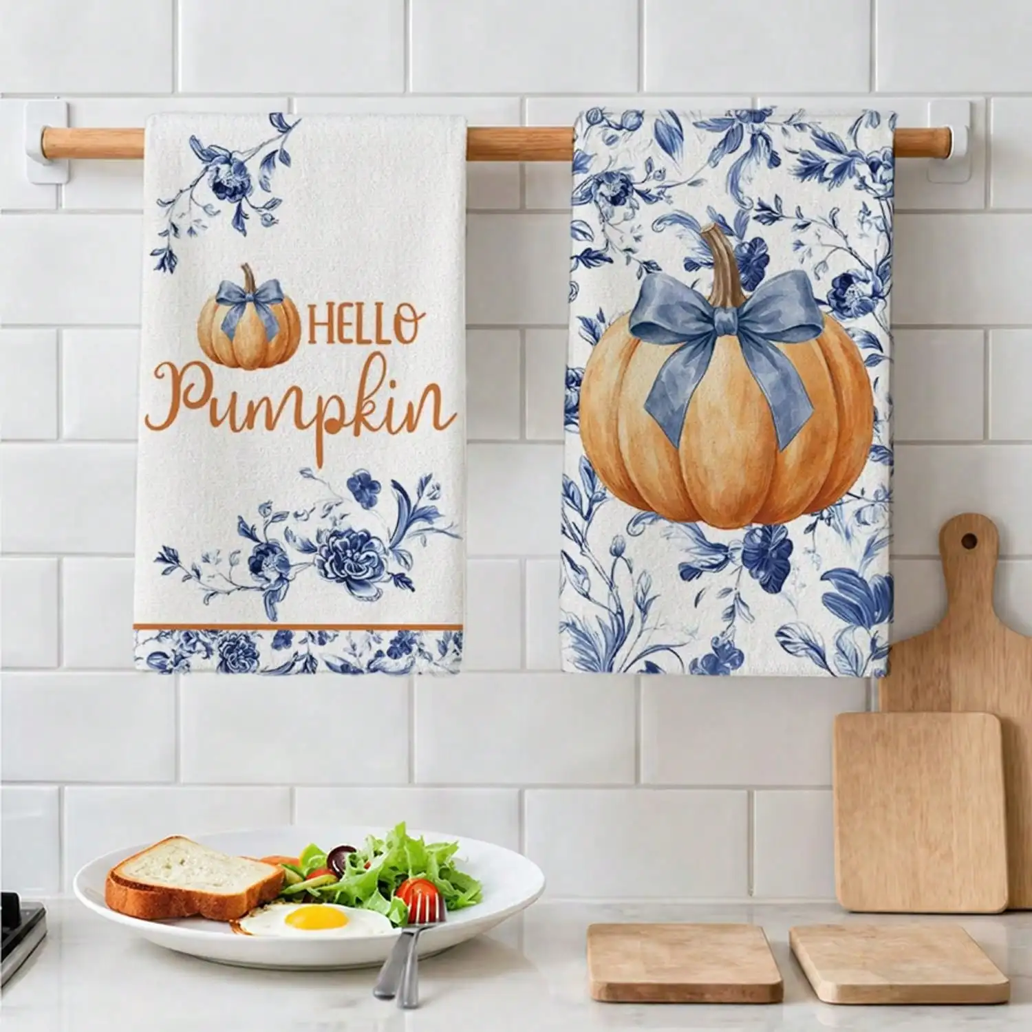 2pcs Blue & White Porcelain Floral Pumpkin Hand Towels & Scouring Pads Suitable For Kitchen Cleaning, Dish Drying, Multi- Microfiber Cloths With Orange Pumpkin & Blue Bow Design, Absorbent Forkitchen Towel Set,Fall Kitchen Towels,Fall Kitchen Decor,