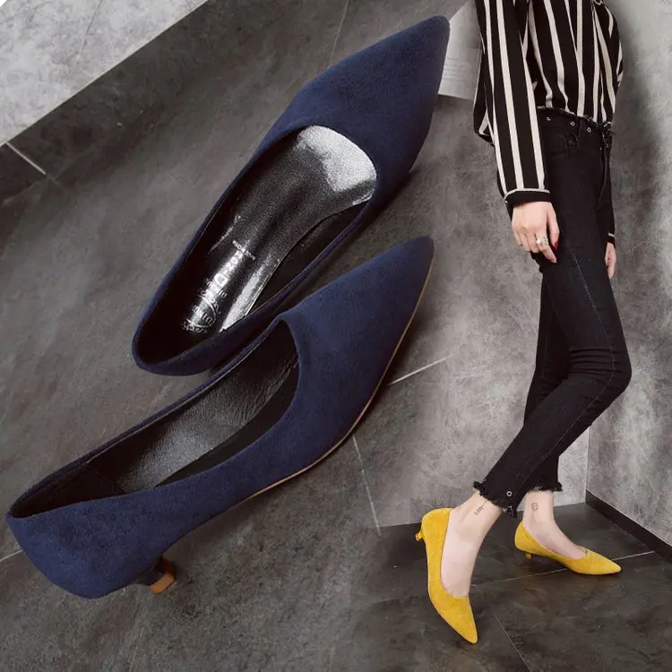 2022 3cm Low Heels Pumps Pointed Toe Dress Shoes Faux Suede Boat Shoes Woman Basic Pump Yellow Work Shoes Ladies Zapatos Mujer