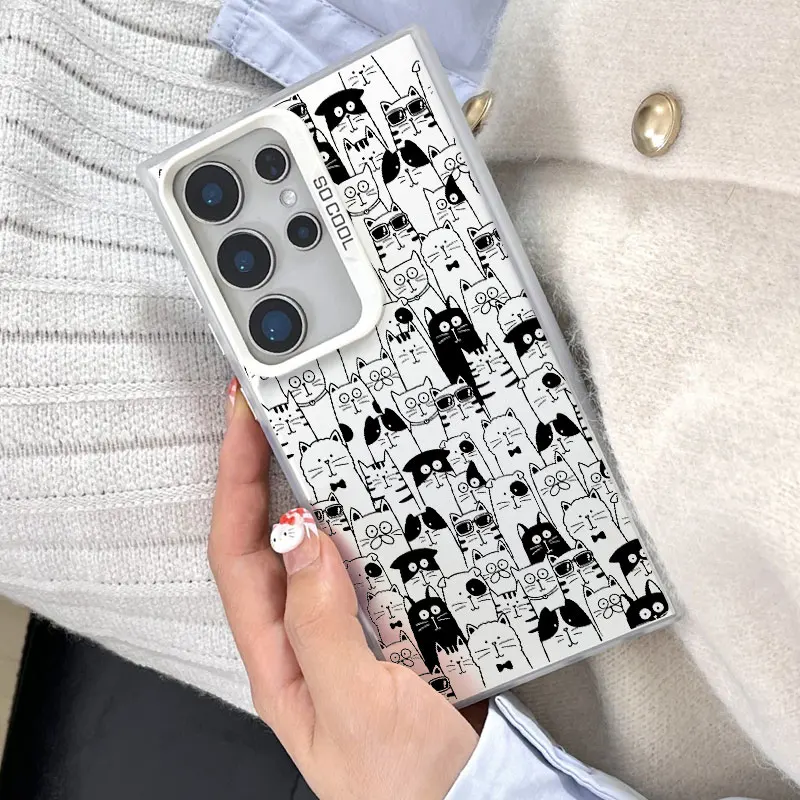 

For Samsung Galaxy S24 S23 Ultra Plus FE S25 S22 Ultra Plus S21 FE Laser Phone Case Full Screen Line Cat Lovely Shockproof Cover