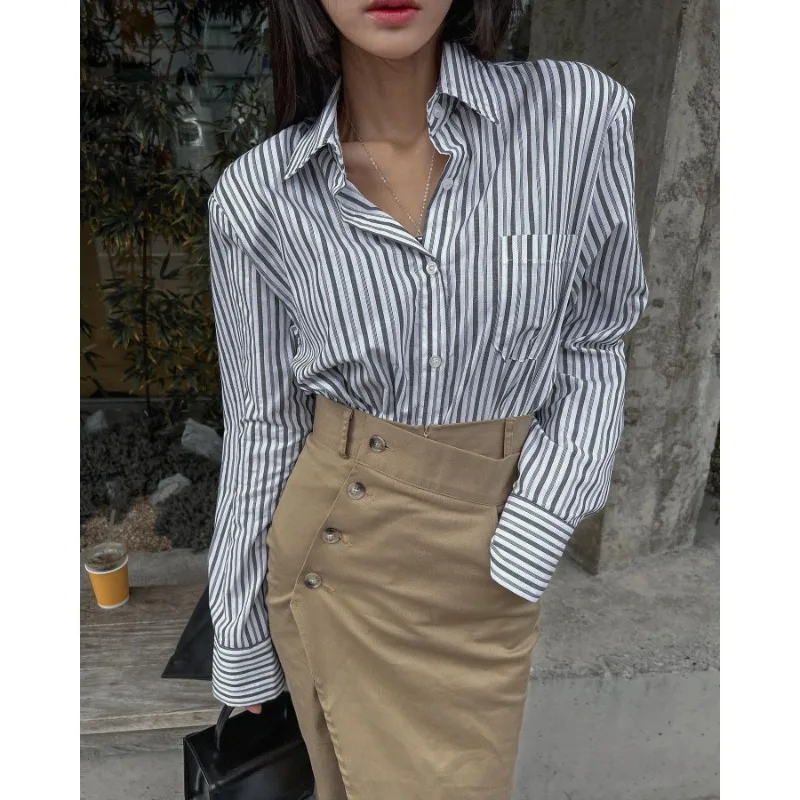 

Shpmishal Korean Fashion InsBF Style Shirt Women's Spring Style Stripe Lazy Single Breasted Oversize Shirts Female Clothing