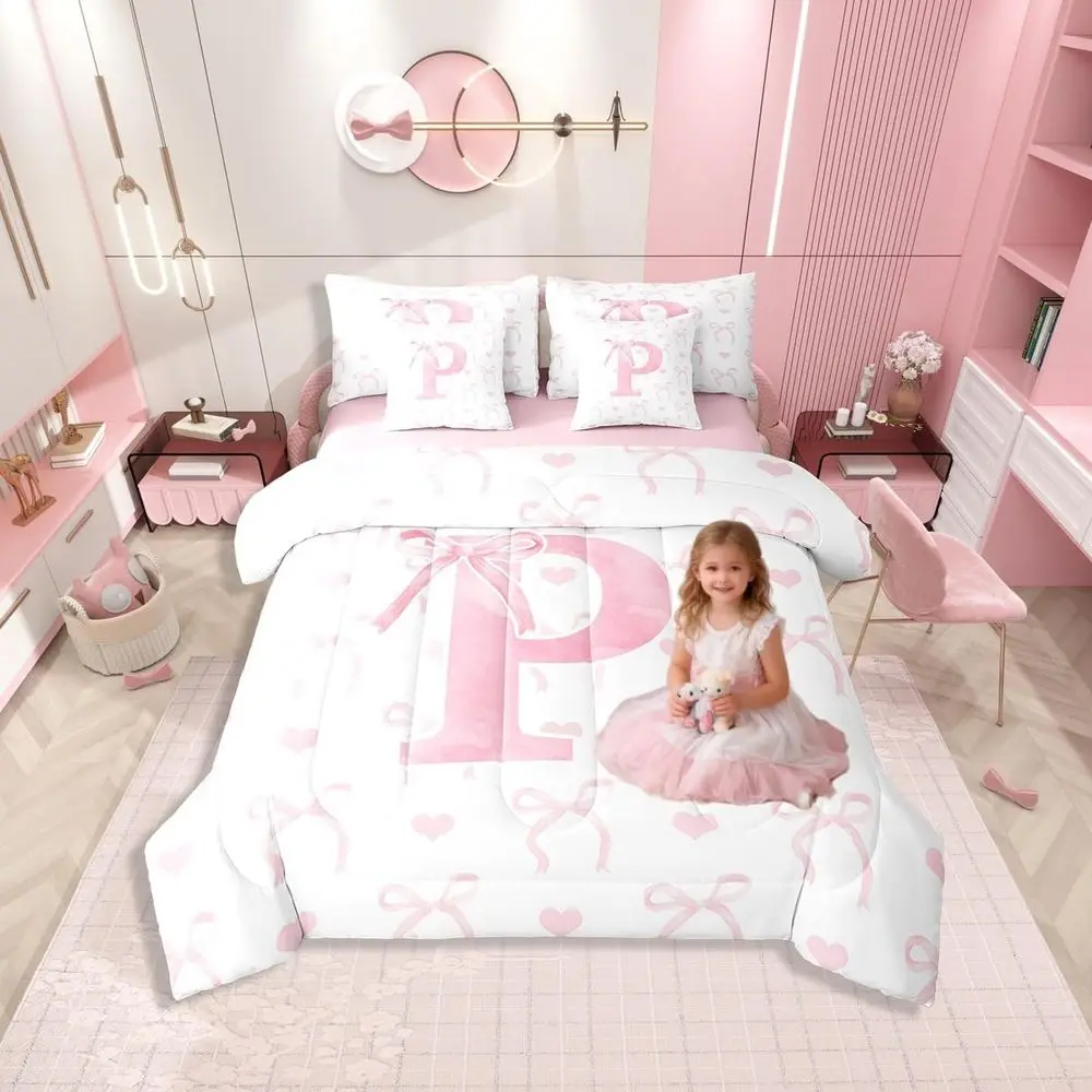

King Size Pink Bow Bedding Set with 7-Piece Comforter, Sheets, and Princess Room Decor
