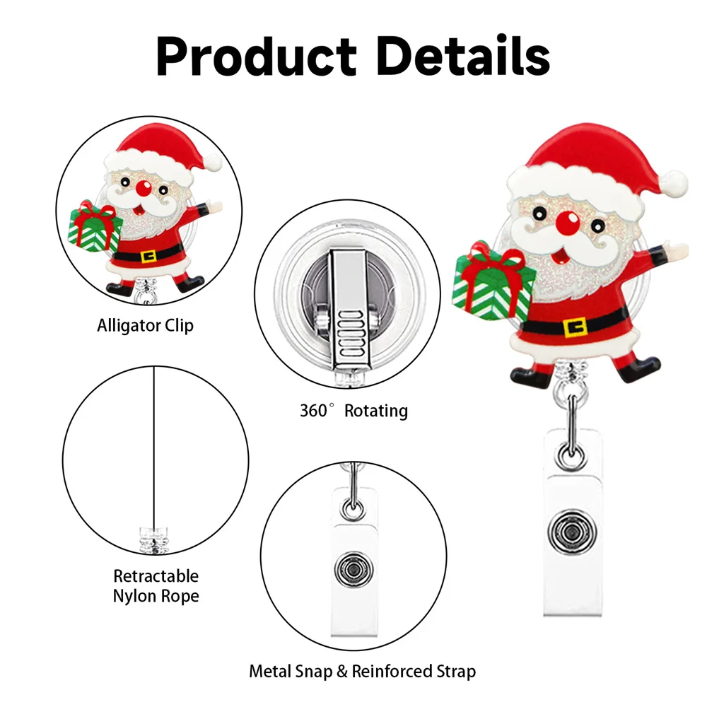 Soporte de Clip de carrete de insignia de enfermera con purpurina acrílica de Navidad, hebilla telescópica retráctil, soporte para tarjeta de identificación, regalo de decoración para profesores de Navidad