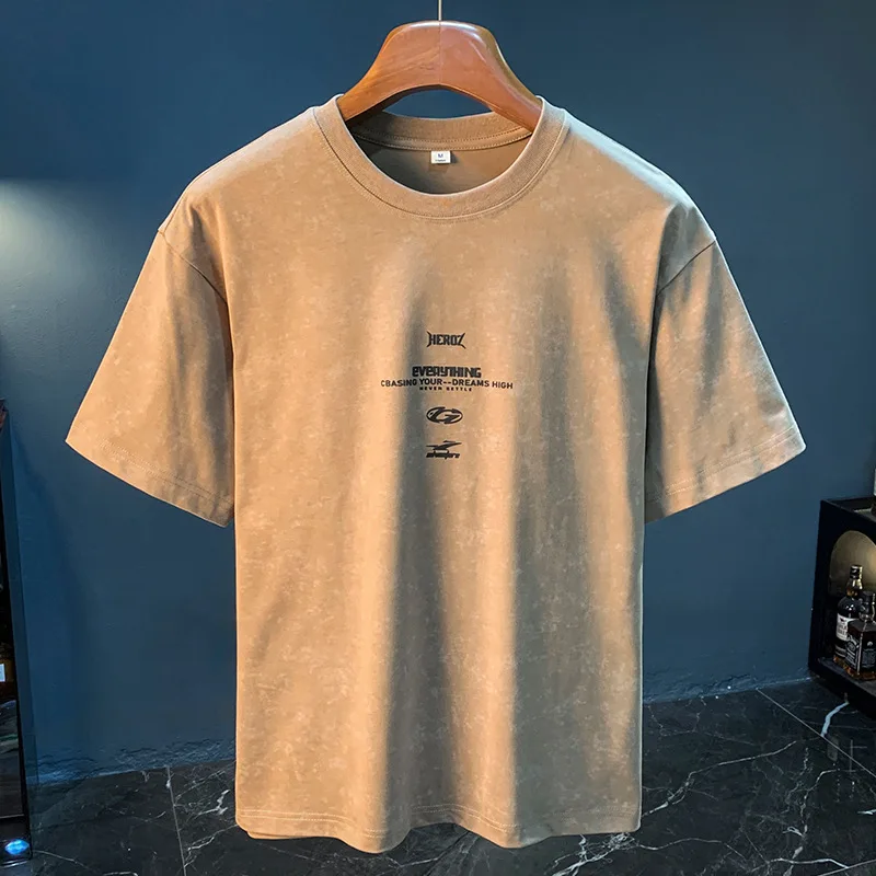 

Khaki short sleeved T-shirt men's summer trend retro nostalgic loose trendy printed five quarter sleeved top