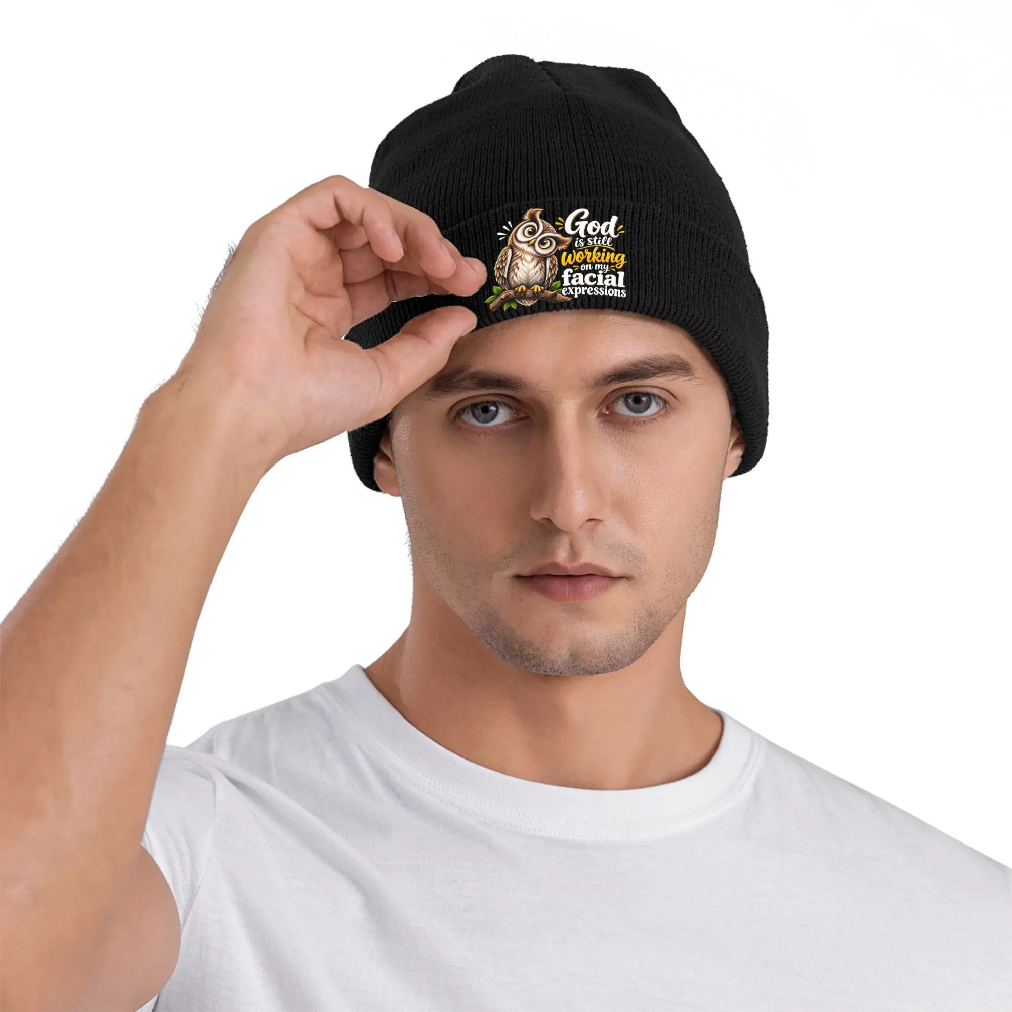 God Is Still Working On My Facial Expressions Funny Owl Beanie Hats  Bonnet Hats Unisex Hip Hop Gym Knitting Hat Winter  Caps