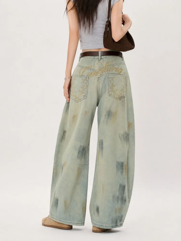 

2026 American Retro Y2K Style Letter Embroidery Baggy Women's Jeans Pants For Woman Clothing Straight Washed Blue Denim Trousers