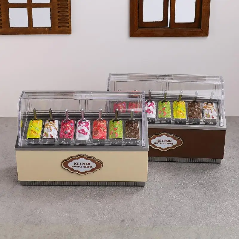 Juego de gabinete de helado en miniatura para casa de muñecas 1/12, juguete de cocina para niños, juego de regalo de comida de simulación.
