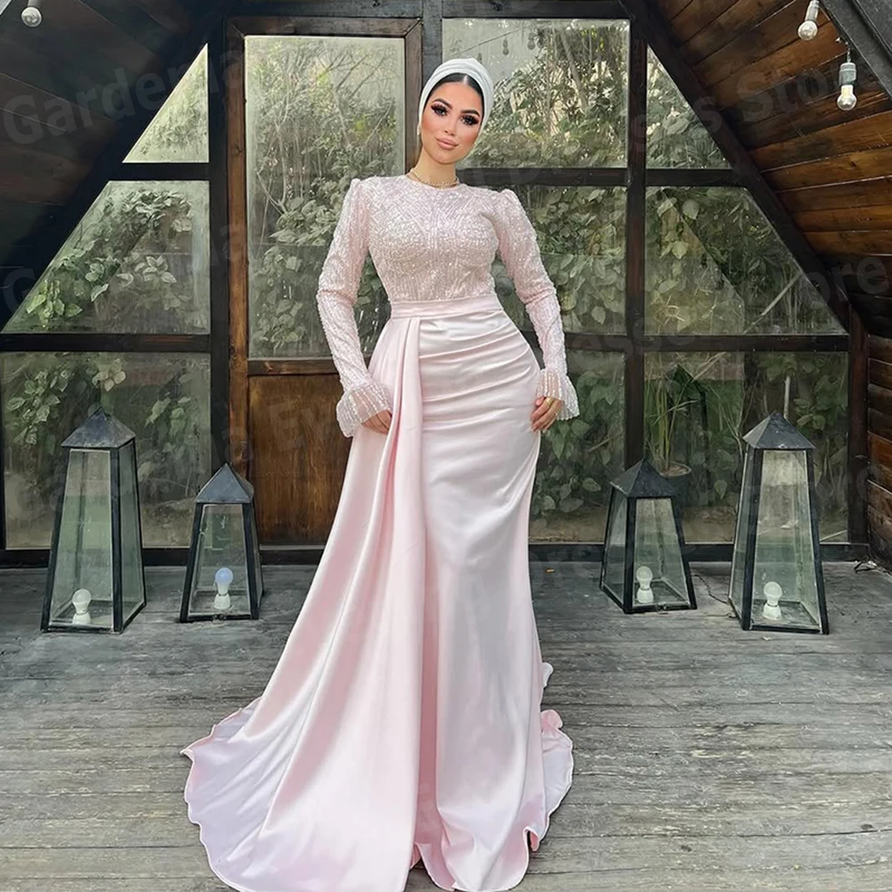 Robes De soirée luxueuses sirène pour femmes, col rond, manches longues, robes De bal personnalisées, perles plissées