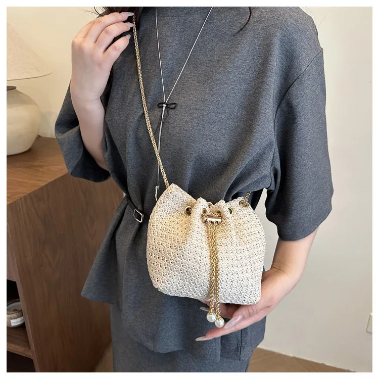 

Summer New Fashion Handwoven Bucket Bag Women's Bag Crossbody Drawstring Single Shoulder Bag Simple Urban Style Handbag