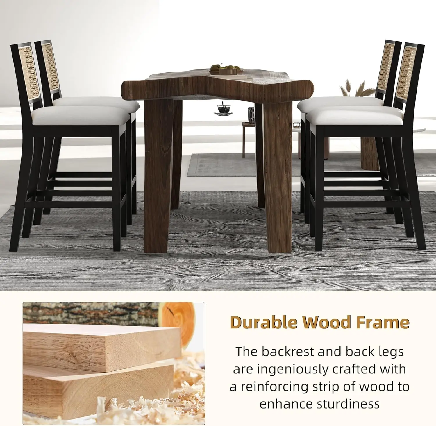 Westice Rattan Bar Stools Set Of 4, 26"" Farmhouse Counter Height Stools With Natural Rattan Back And Wood Frame, Upholstered