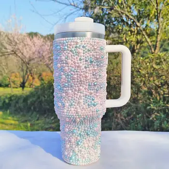 כוס קפה מבודדת מפלדת אל-חלד, 40oz, עם ידית וקשית, מבודדת לשימוש חוזר, עם צבע פנינה בלינג 10 best sales כוס בלינג - №9