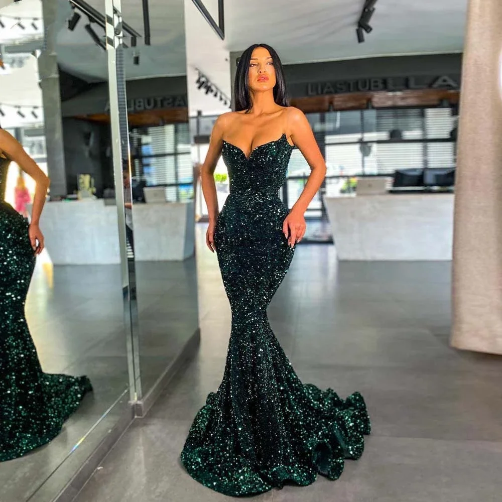

Customized Sexy Green Sequins Sweetheart Sleeveless Mermaid Evening Dresses Women Formal Prom Dresses Party Night Gown