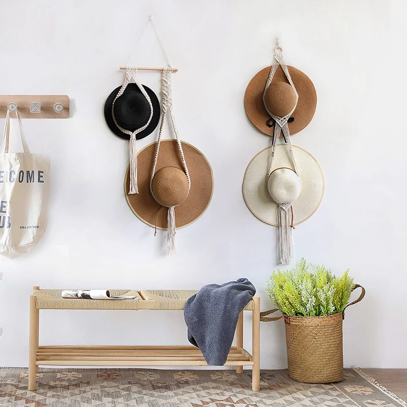 Bohemia Boho Cotton Rope Hanging Hat Display Rack Storage Cap Holder Organizer Scarf Hanger Macrame Tapestry Home Wall Decor