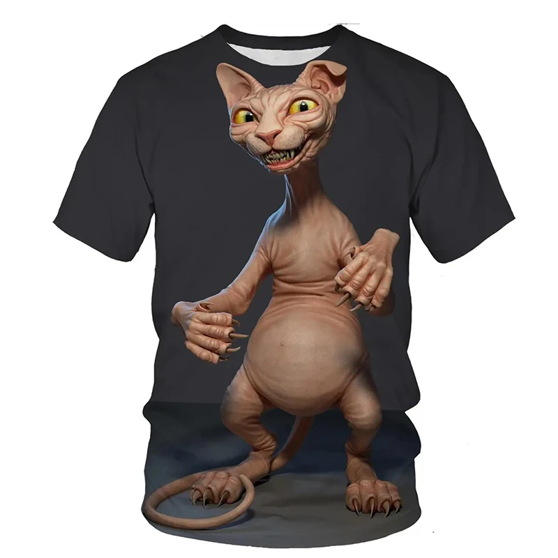 男性と女性のための面白い動物のTシャツ,髪のない猫のプリントが施された3Dストリートウェア,ラウンドネック,カジュアルなTシャツ,原宿のTシャツ