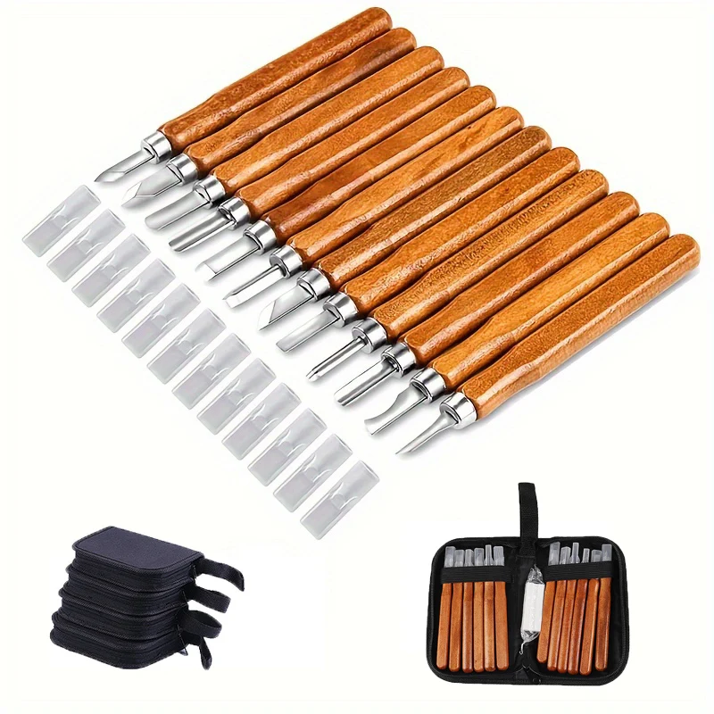 12pcs SK2 Carbon Steel Wood Carving Knife Canvas Box Set - Handmade Woodworking Tools for Sculpture, DIY Crafts and Beginners