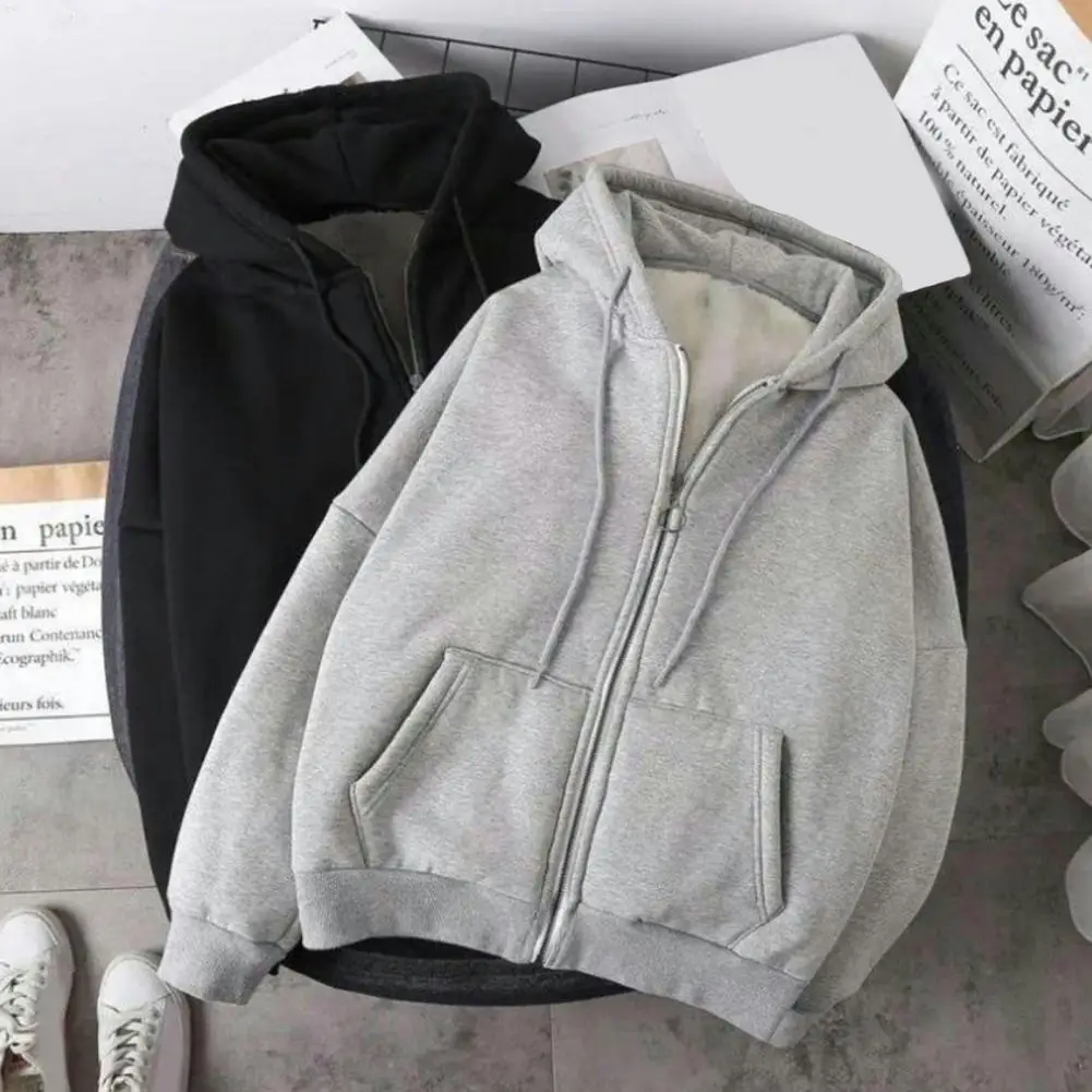 Zip-up Hoodie Men's Thick Plush Hoodie with Drawstring Pockets for Fall Winter Sports Zip-up Long Sleeves Elastic Cuff Plus Size