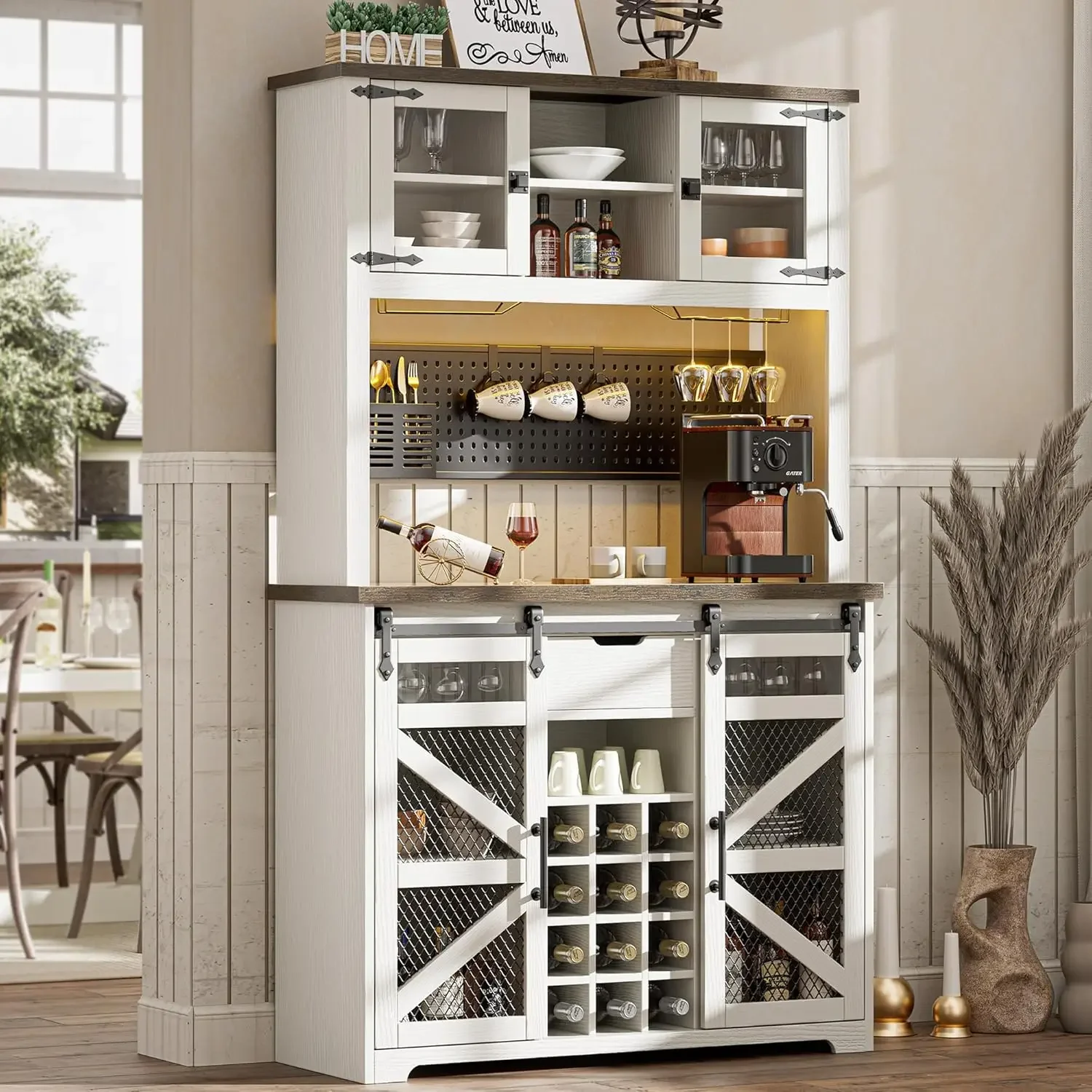 Coffee Bar Cabinet with Power Outlet, LED Light, 70'' Kitchen Buffet with Hutch w/13 Storage Shelves, 12 Wine Rack, Pegboard