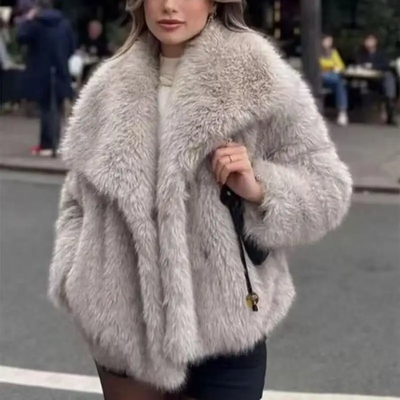 

Women's Coat winter autumn Jacket Outerwear Warm Fleece Lined Short Faux Fox Fur Lapel Eco Loose Fashion Coat