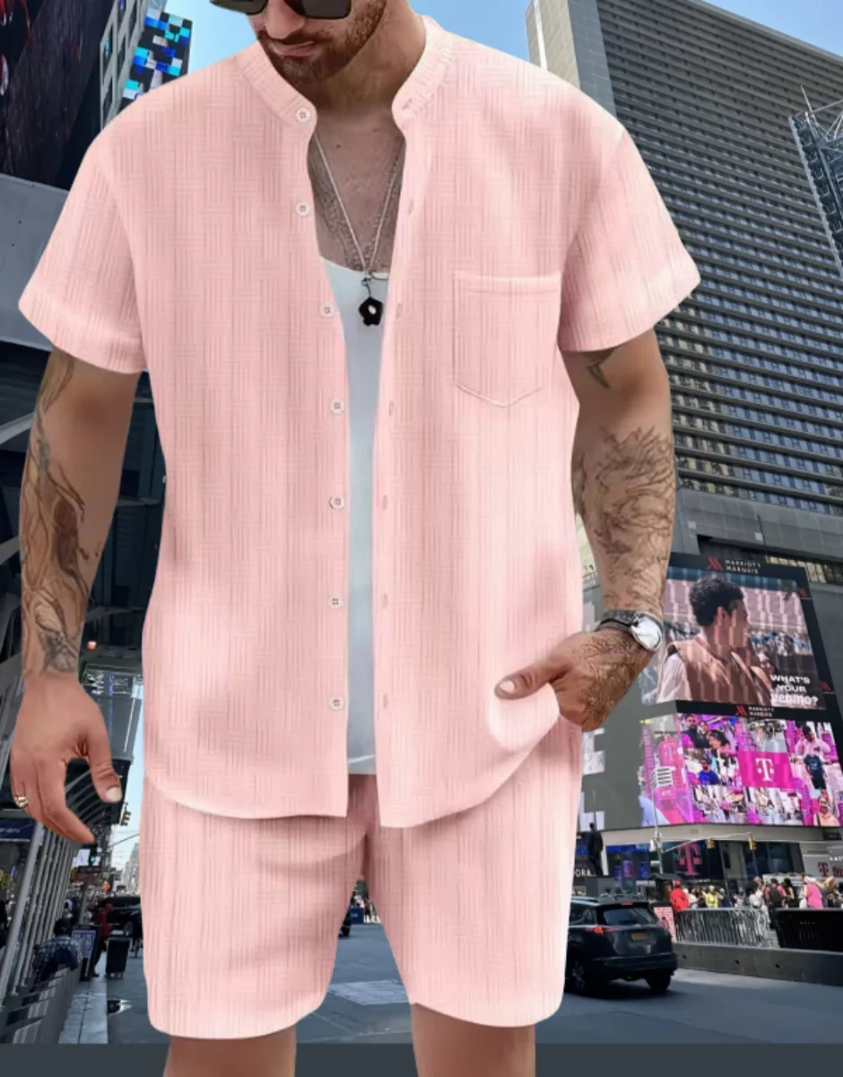 Spring/summer solid color Henry collar pocket suit for men. Shirt casual short sleeve shorts beach loose fashion suit