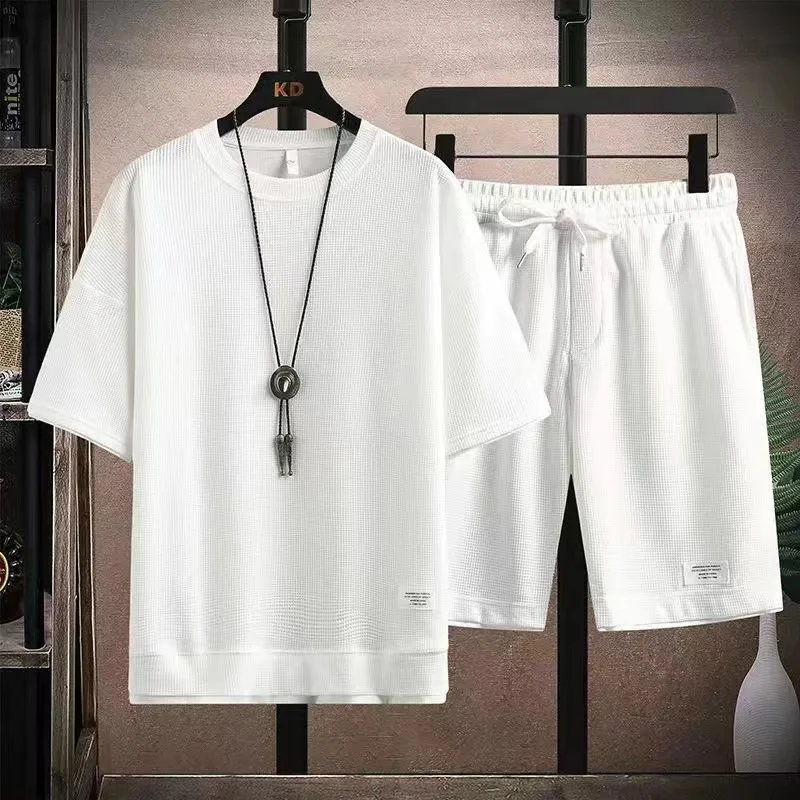 

Мужской комплект для отдыха из вафельного трикотажа, повседневный летний спортивный костюм из 2 предметов: футболка и шорты, комфортный свободный крой