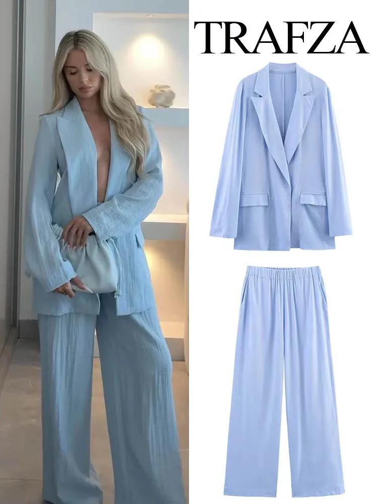 

TRAFZA Women Pants Suit Long Sleeve Lapel Pocket Decorate Blazer Coat+Elegant Elastic Waist Side Pocket Solid Casual Slim Pants