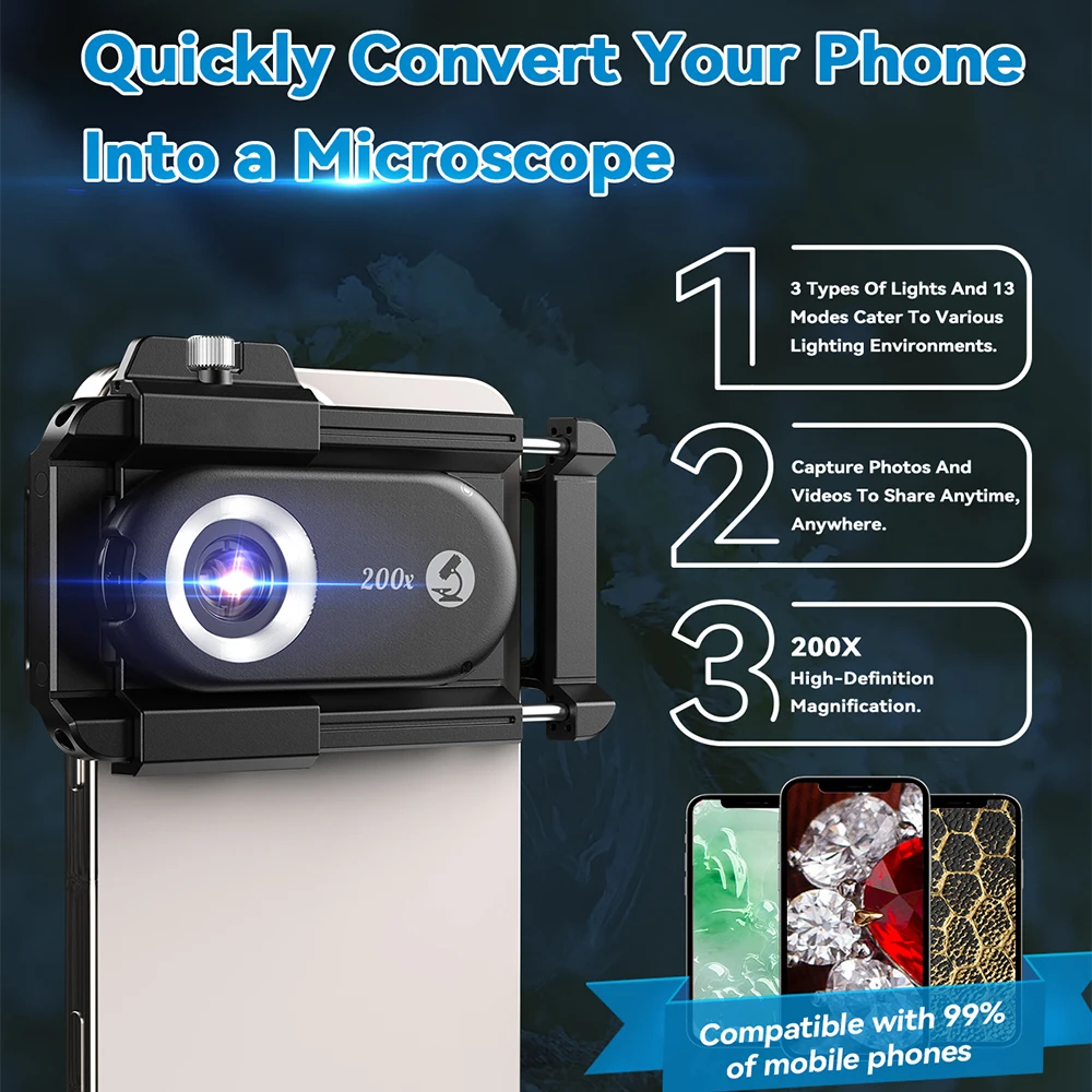 APEXEL 200X HD Phone Microscope Lens Smartphone Macro Magnifier with LED Light for Plant Observation, Photo & Videos Shooting