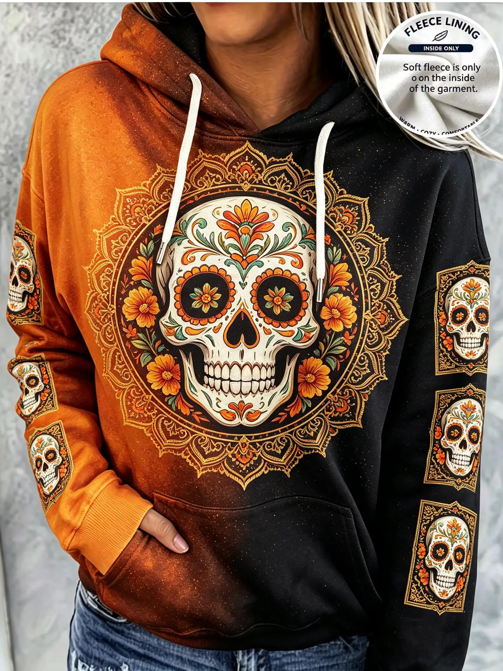Women Halloween Sugar Skull Floral Mandala Fleece Hoodie Gradient Orange Black Pocket Long Sleeve Sweatshirt