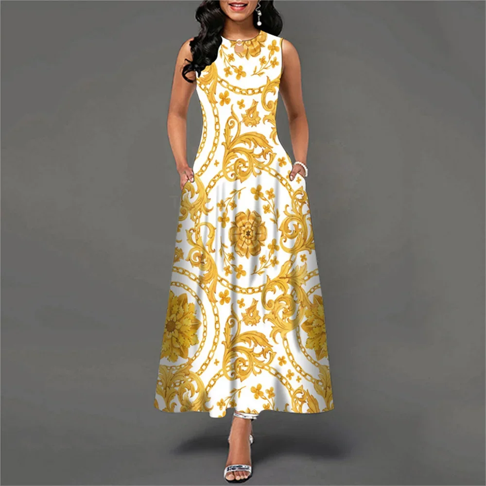 Vintage Boho Print Women Sundress Summer Fashion Casual O-Neck Sleeveless Long Dress Elegant Ladies Maxi Dresses Femme Vestidos