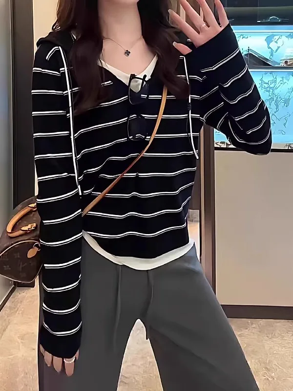 

plus Size Casual Striped Hoodie Knitwear Women's Early Spring New Korean Sle Versatile Meat Concealing Slimming Top