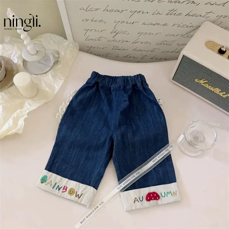 South Korea Children's Clothing Autumn and Winter New Loose Straight Mushroom Embroidered Soft Jeans Fashion for Boys and Girls