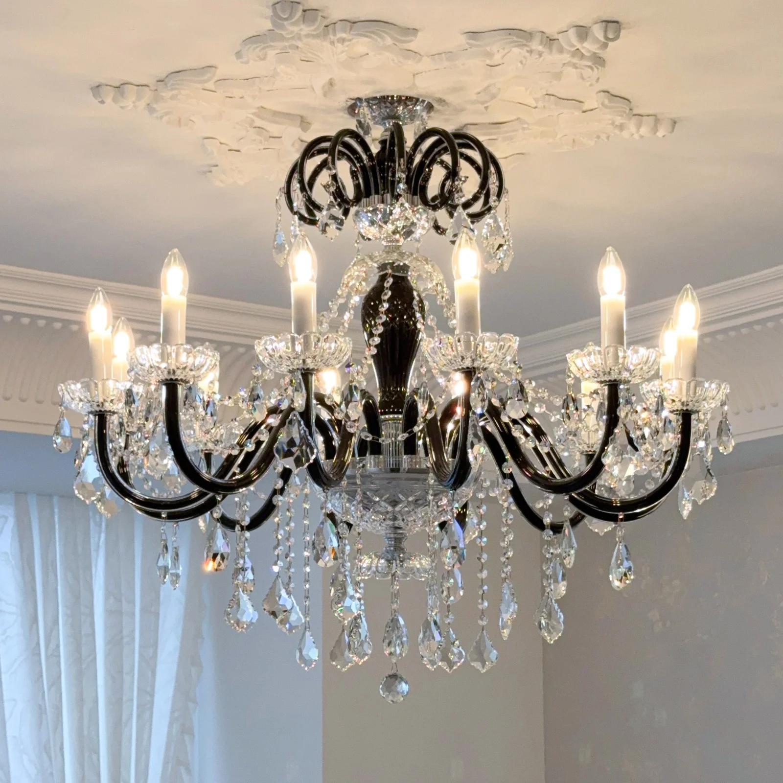 Luxury French Black Lustre Chandelier Living Room Glass Candle E14 Pendant Light Home Decor Crystal Led Luminarias Indoor Light