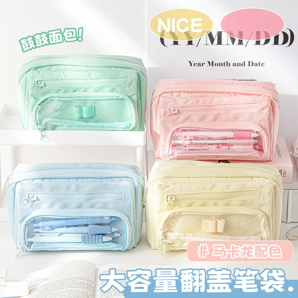 Korean Ins Fresh Macaron Color Pencil Case Large Capacity Multi-layer Clamshell Bag Girl Cute Stationery Storage School Supplies