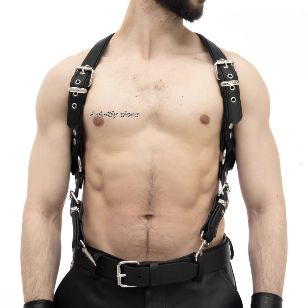 

Sexy Men Genu Leather Suspender Belt Body Bondage Straps Fashion Adjustable Braces Suspender With Metal Clips Punk Harness Belts