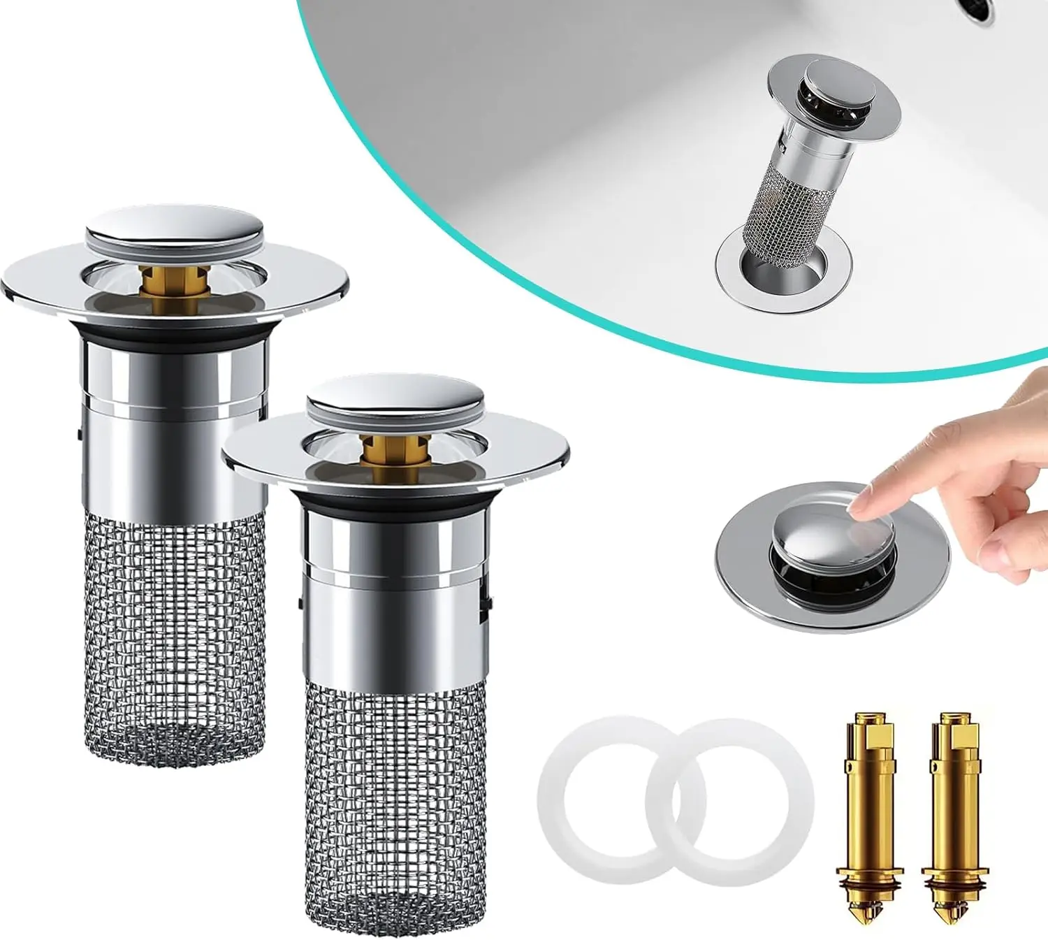 

Bathroom Sink Drain Strainer Hair Catcher for 1.34-1.57in, Kitchen Sink Drain Stopper with Removable Stainless Steel Filter Bask