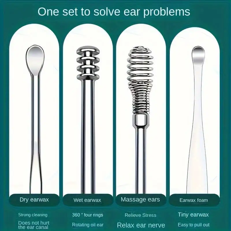ชุดอุปกรณ์กำจัดขี้หูสแตนเลส 6 ชิ้น แบบเกลียวหมุน ช้อนแคะหู สำหรับทำความสะอาดและเก็บขี้หู