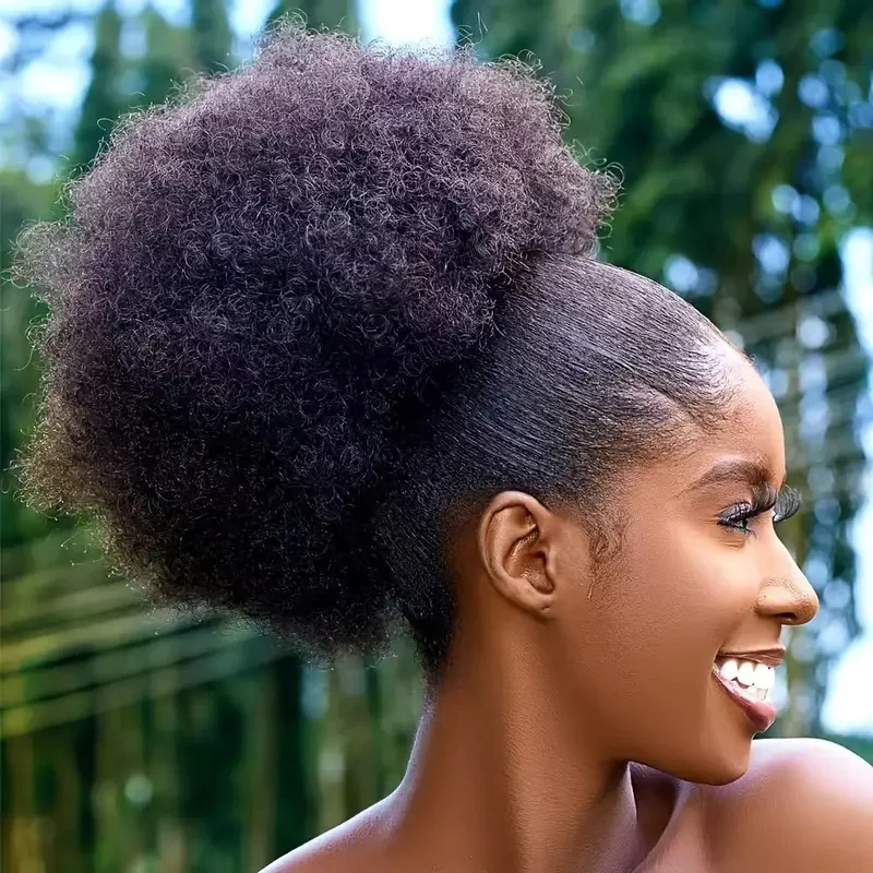1pc Women's 10-Inch Afro Kinky Curly Synthetic Ponytail Extension Drawstring Afro Puff Basic Style Hair Bun Wig for Daily Use