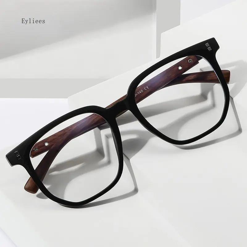 Trendy Anti Blue Light Wooden Grain Leg TR90 Glasses, Men Women Big Square Blue Ray Blocking for Computer Glass Frames gafas