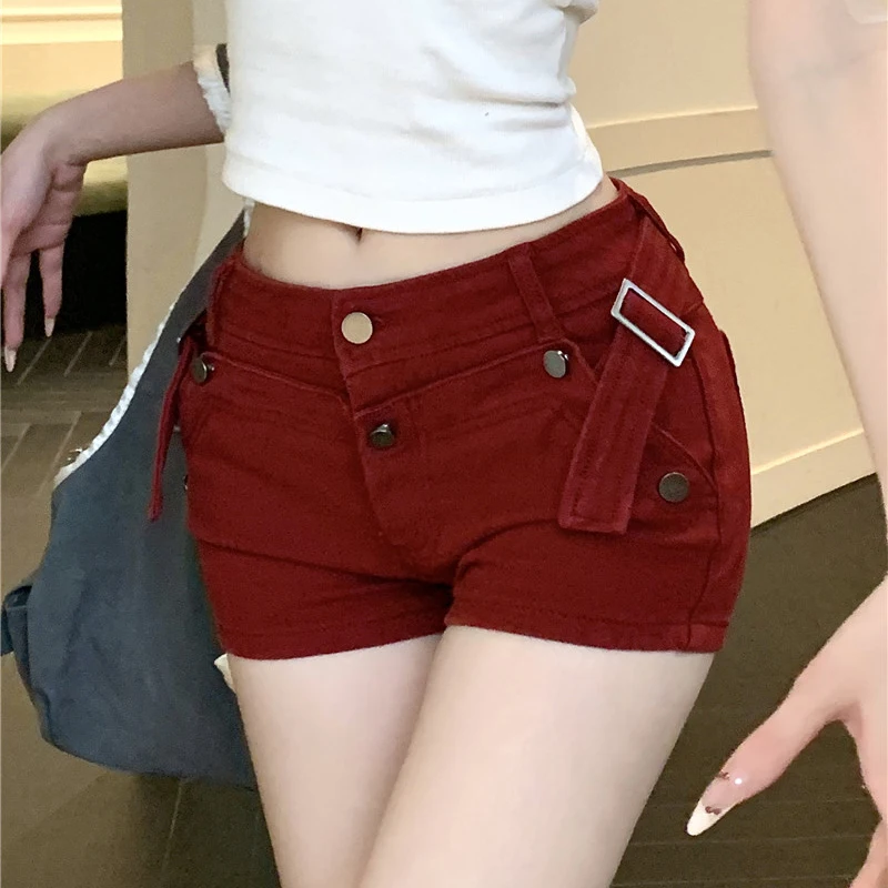 

2025 Summer Red Slim Hot Mini Shorts Women Streetwear Belt Buckle Tight Shorts Woman High Waist Y2K Dance Short Pants Female