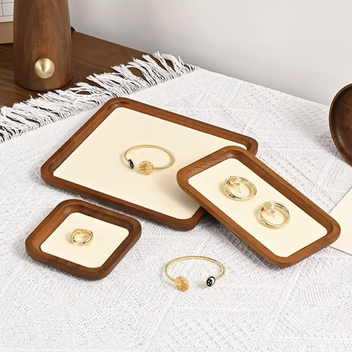 yesHeMu Wooden Jewelry Display Tray with Velvet Lining, Multi-size Set for Rings Earrings Bracelets, Desktop Organizer for Jewel