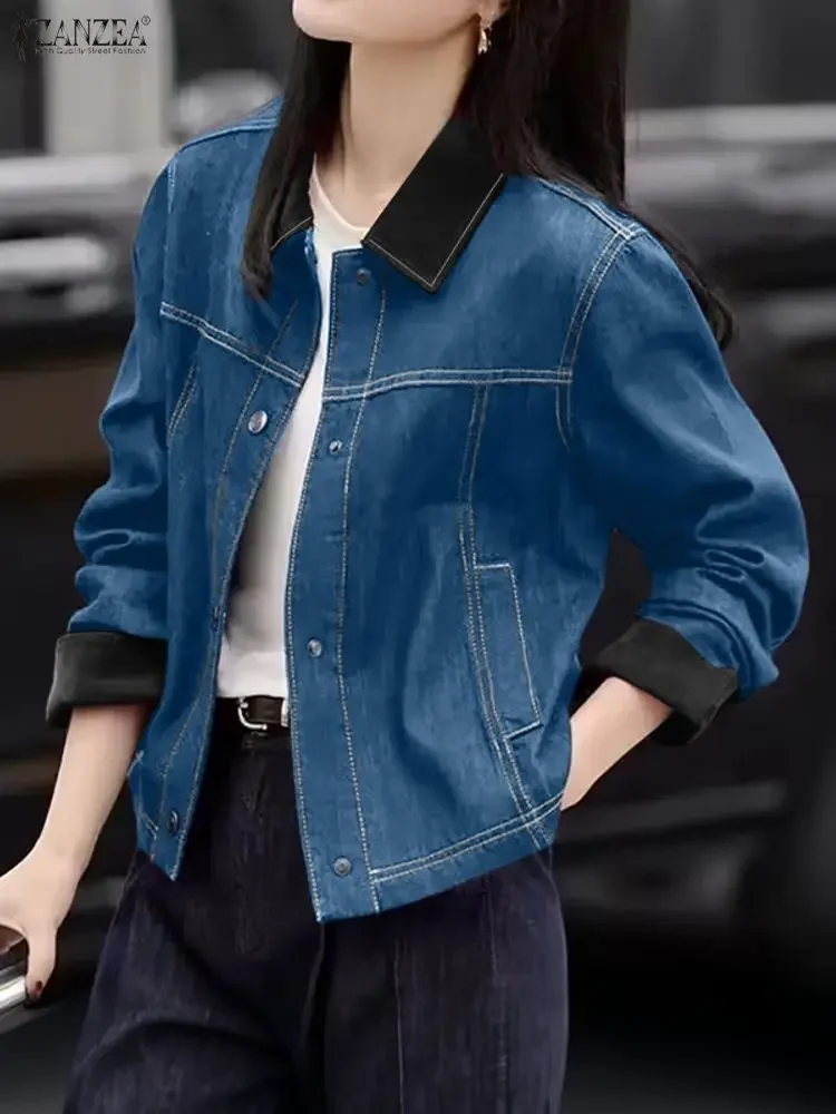 

ZANZEA Fashion Denim Shirts Women Long Sleeve Lapel Color Patchwork Vintage Blouse 2025 Autumn Top Elegant Office Work Outerwear