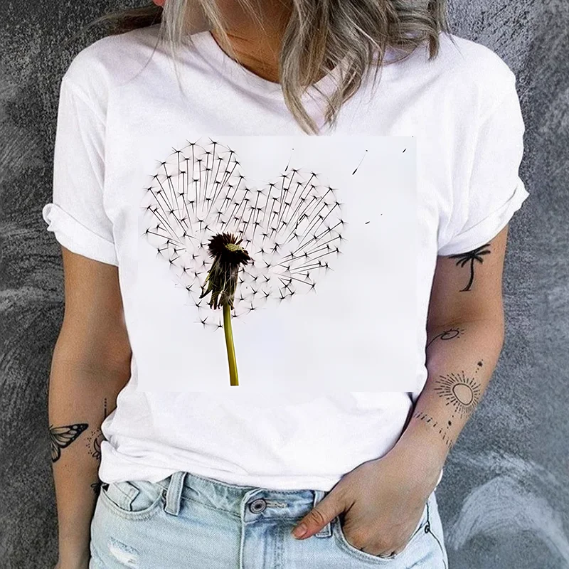European American Women's Fashion Red Dandelion Print Women's White Short-sleeved T-shirt Summer polyester fiber fabric