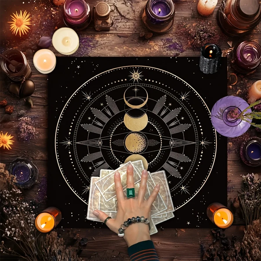 2D Printed Energy‑Symbol Altar Cloth, Five‑Star Tarot Card Storage Pouch, Black Moon‑Phase Witchcraft Astrology Oracle Mat