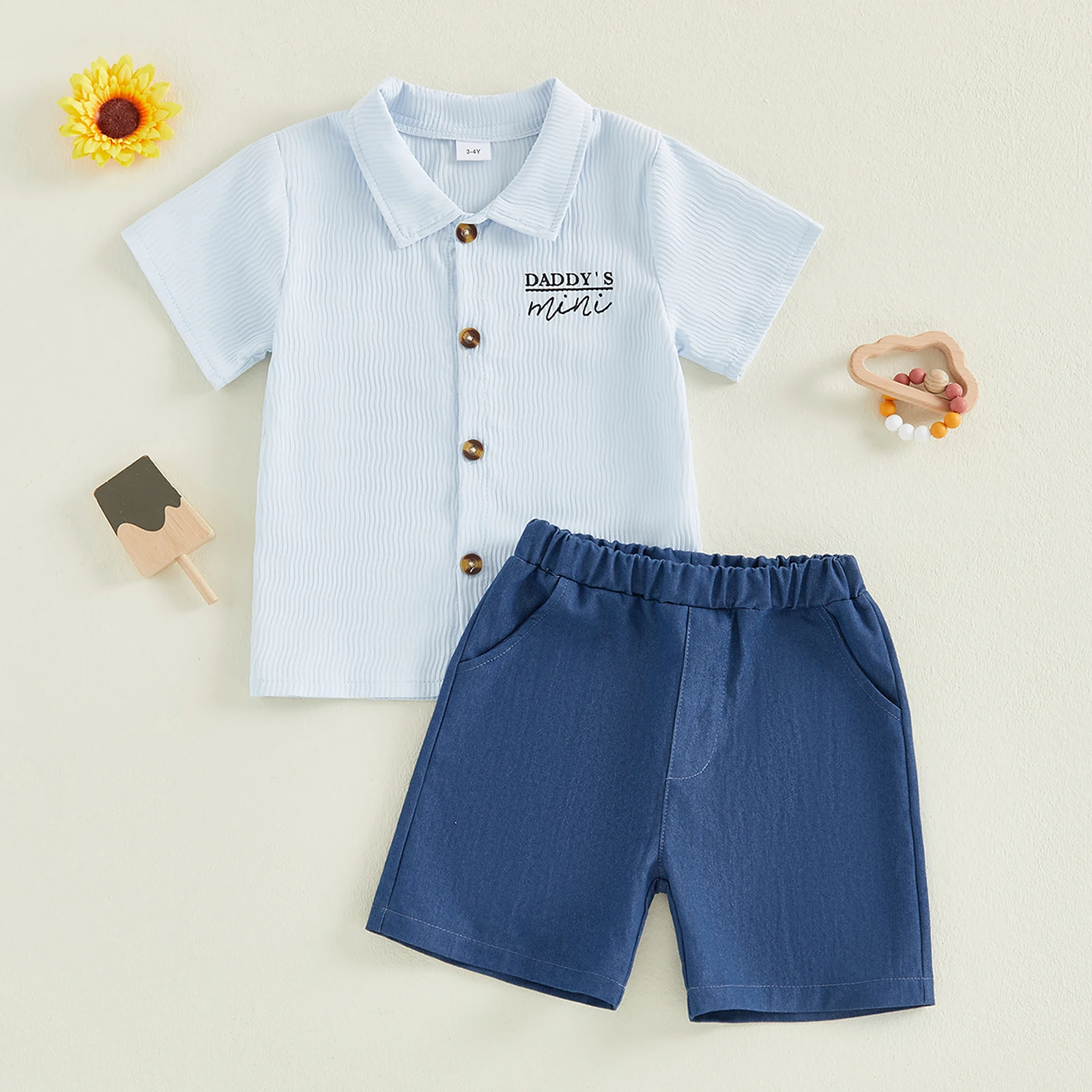 0-4Y Toddler Baby Boy Summer Outfit Letter Short Sleeve Button-up Shirts and Denim Shorts Toddler Casual suits 2 Piece Set