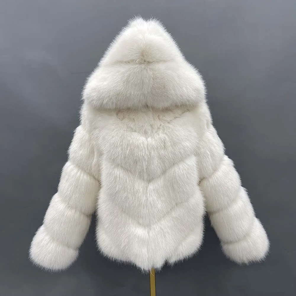 

Janefur-Faux Fur Coat with Hood for Women, White Bomber Jackets, Fluffy Imitation Fox Fur, Fake Fur, Winter, Wholesale, New