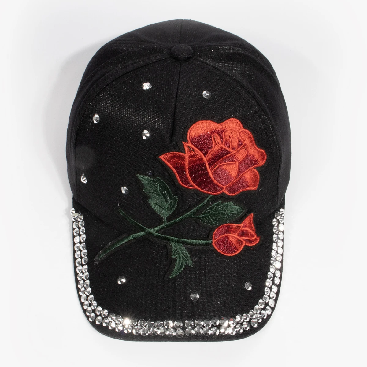 Damen Vintage Baseballkappe mit Großer Rosen-Dekoration Strass-Verzierung Modische Mütze Elegante Rosenblüten-Krone Kopfbedeckung Caps – Detail 16