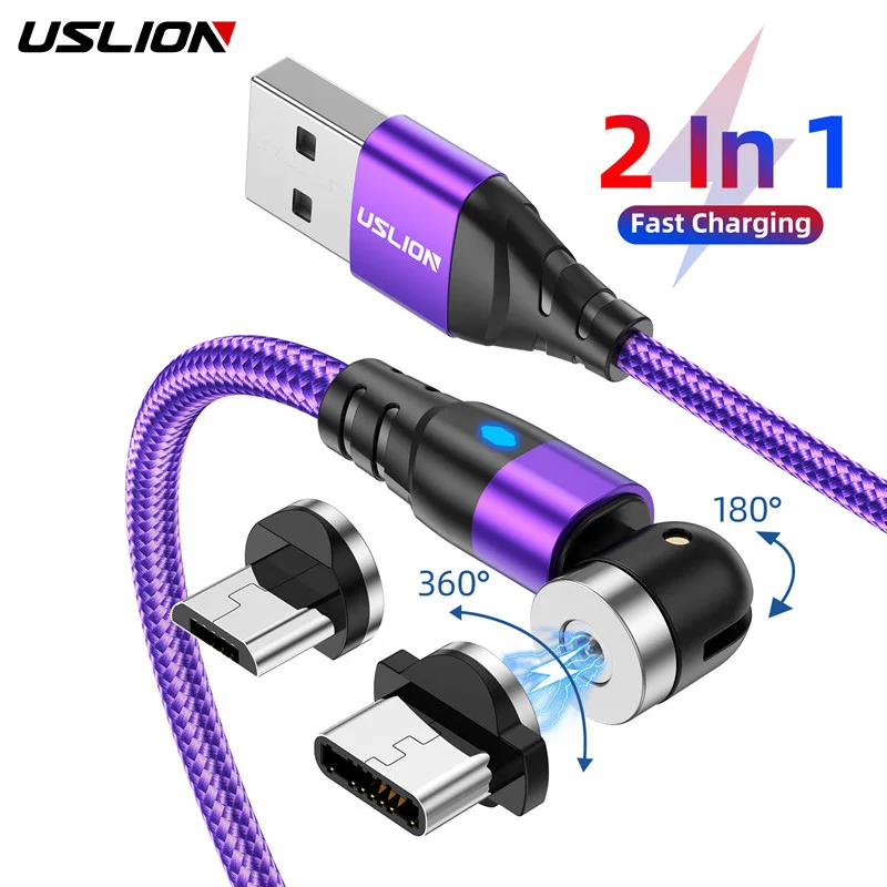 USLION 2 In 1 540 Magnetic USB Cable Fast Charging Micro USB Type C Cable Magnet Charger Micro Cord For iPhone 15 Xiaomi Redmi